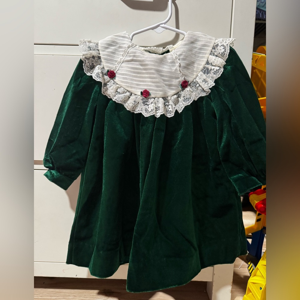Rare Editions Cream and Velvet Green Dress with Lace Details.
